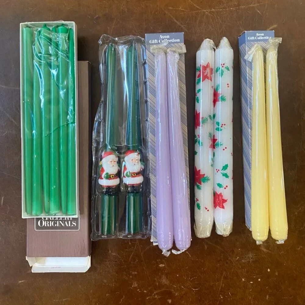 Vintage AVON Candle Set New Deadstock 14 Pieces Santa Claus Poinsettias Tapers